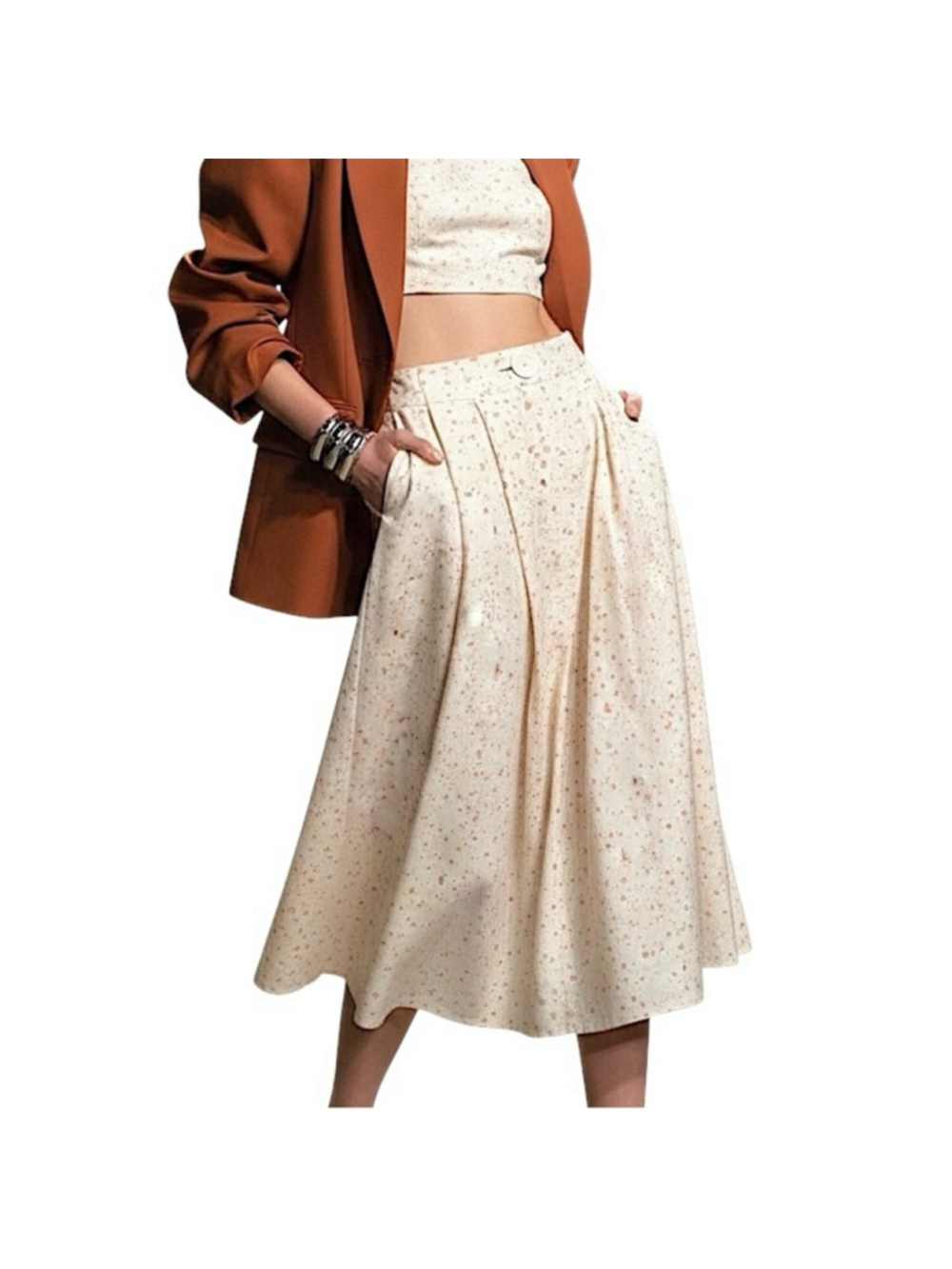 Vintage 80s 90s ivory splatter print snap front pleated old money midi skirt